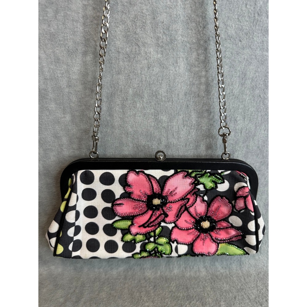 Isabella Fiore Floral Polka Dot Shoulder Bag Womens Small Black Pink Beaded Y2K